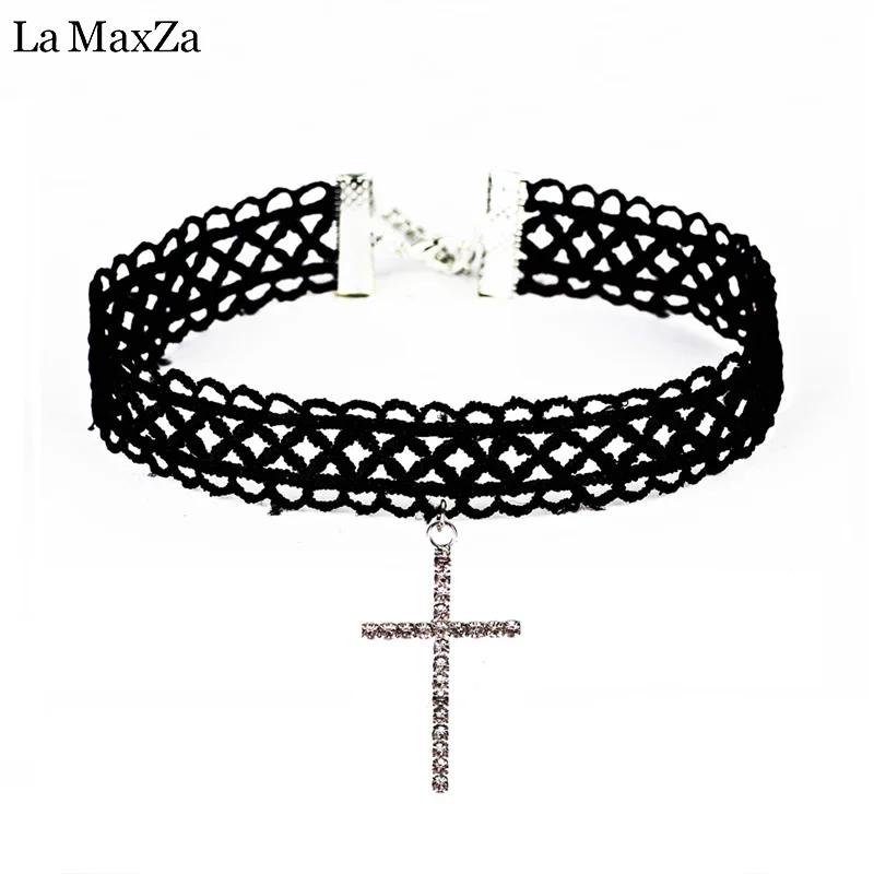 La MaxZa New Trendy Necklace Flash Cross Pendant Women Retro Choker Black Lace lace Gothic Necklaces Personality Fashion Jewelry