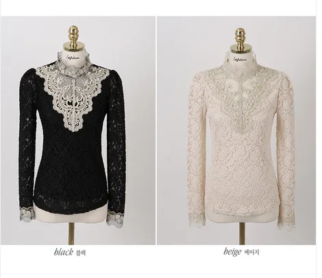 New Women Sexy Embroidery Lace Blouse Feminine Stand Neck Long Sleeve Shirt 3XL Blouse Tops