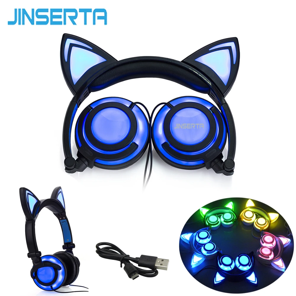 JINSERTA-Auriculares con orejas de gato para adultos y niños, cascos con luces LED, brillantes y parpadeantes, para juegos, 2020
