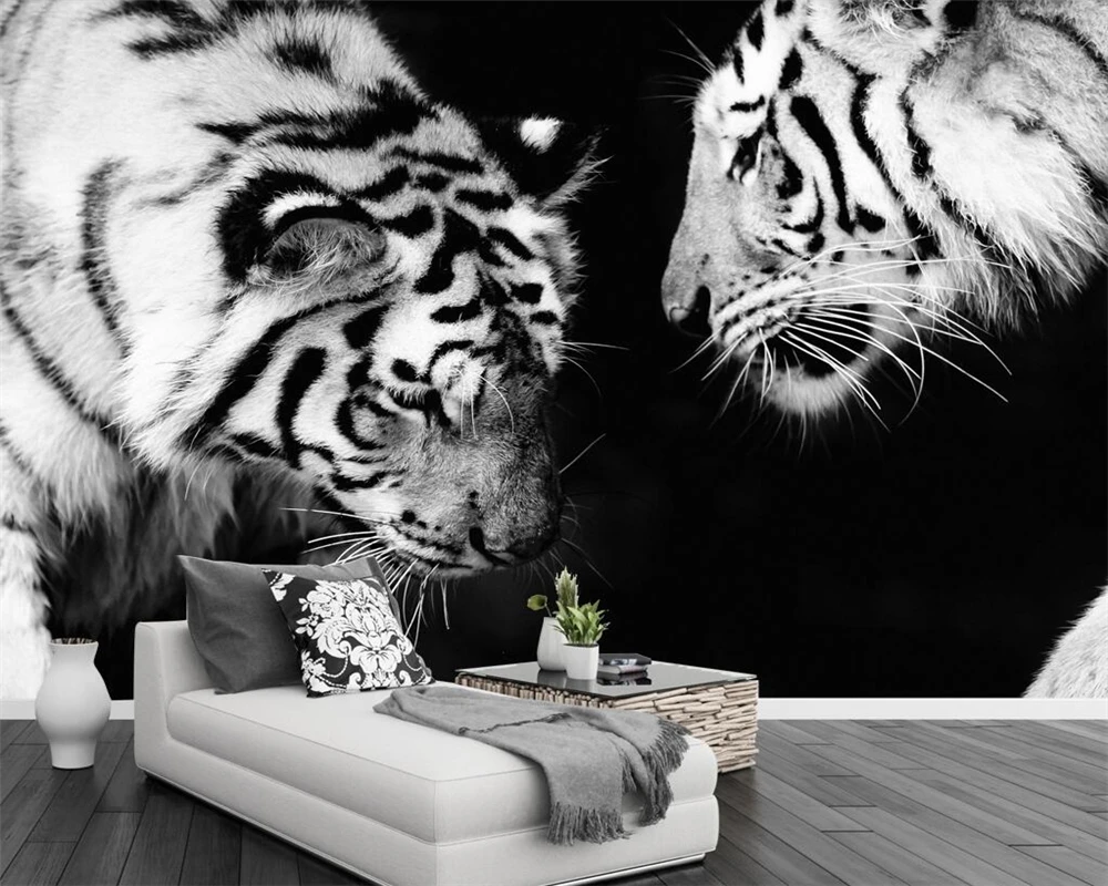 

Beibehang Custom wallpaper black and white Tiger TV background walls animal modern minimalist living room bedroom 3d wallpaper