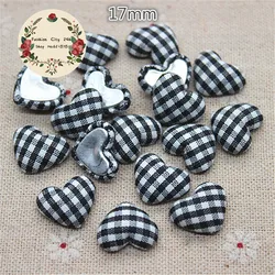 17mm 50pcs Black+White Lattice Fabric Covered Heart Button Flatback Cabochon DIY Decoration Button Scrapbooking,BK1054