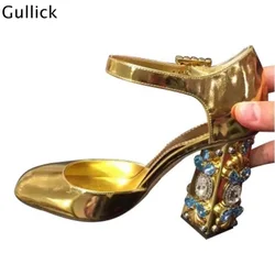 Gullick 2018 New Fashion Luxury Crystal Decor High Chunky Heels Women Golden Sliver Pumps Party Wedding Dress Shoes Sweet Style