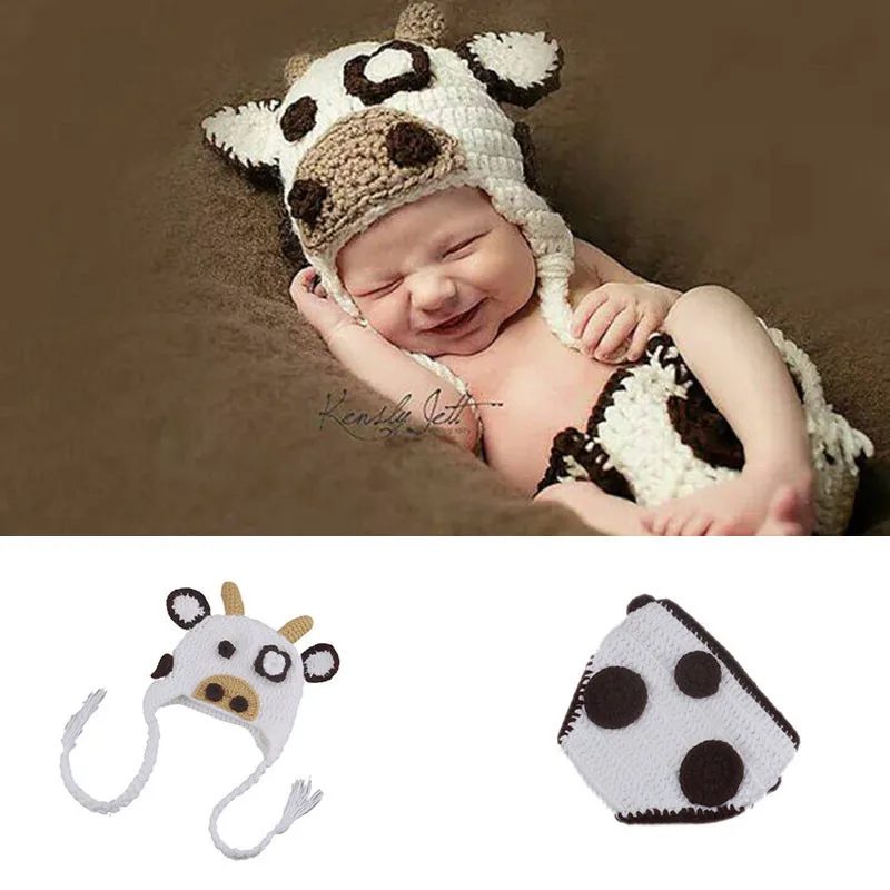 

Crazy Cow Design Newborn Crochet Knit Costume Baby Long Braid Beanies Hat Handmade Infant Diaper Cover Photo Props Clothes Set