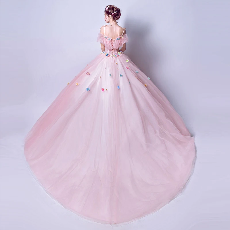 Vestido de quinceañera rosa, hombros descubiertos, tirantes finos, hecho a mano, flores hinchadas, vestidos de baile, tren de barrido, vestidos de quinceañera