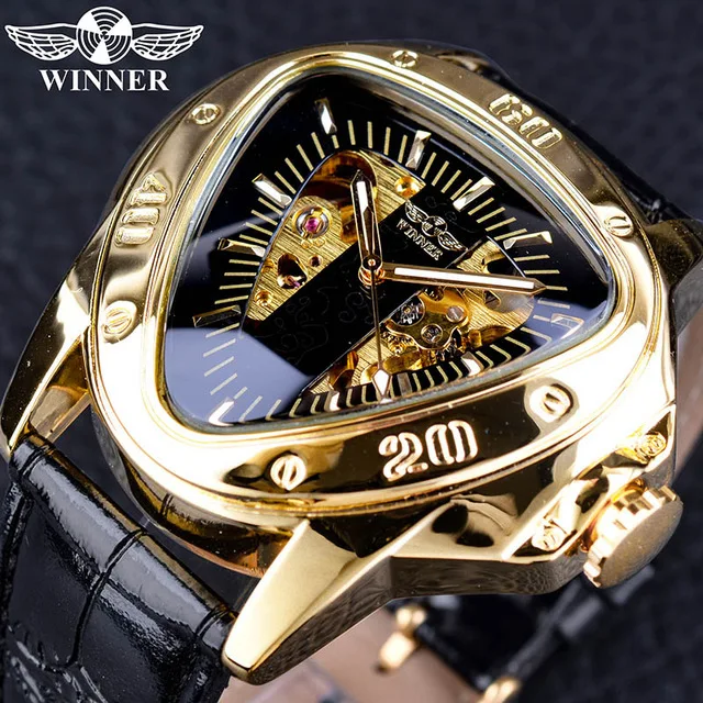 Winner Brand Hollow Automatic Mechanical Men Watch Racing Sports Design Triangle Dial Skeleton Wristwatch Luxury Golden Black