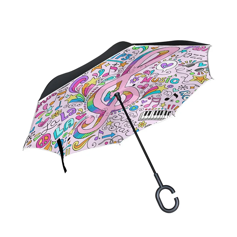 Music Note Pattern Windproof C-Type Folding Reverse Umbrella Hands-Free Rain Women Outdoor Double Layer Inverted Umbrellas