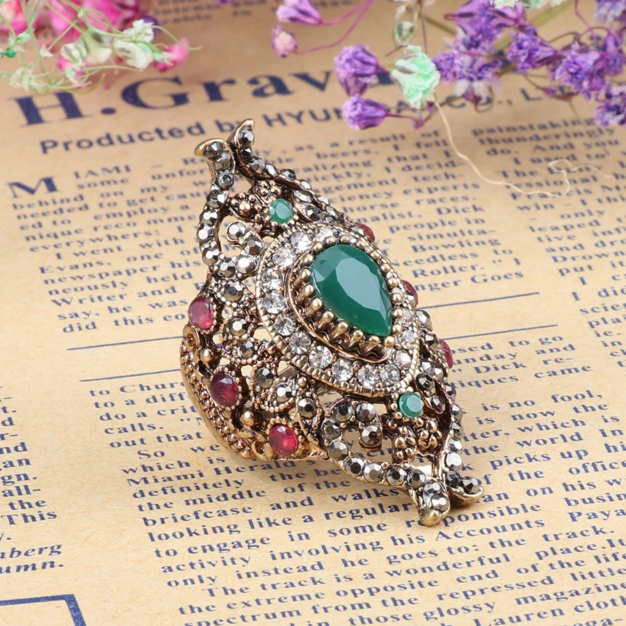 Kinel-anillos turcos de lujo para mujer, joyería de estilo Vintage, diamantes de imitación completos, anillo de flor de cristal azul grande y ancho,