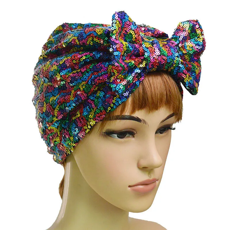 Gorro de lentejuelas musulmanas para mujer, turbante de algodón con lazo, Hijab, gorro, envoltura para la cabeza, gorros de quimio, accesorios para