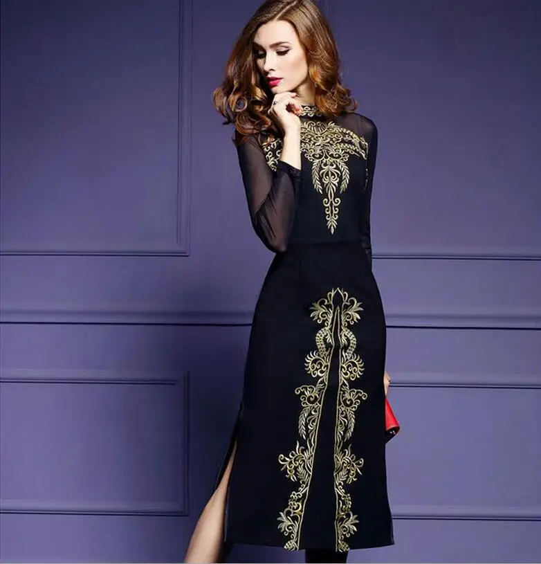 

2018 new spring women dress mesh long sleeve Embroidered Split dress Vintage long sleeve Black dress Vestidos s589