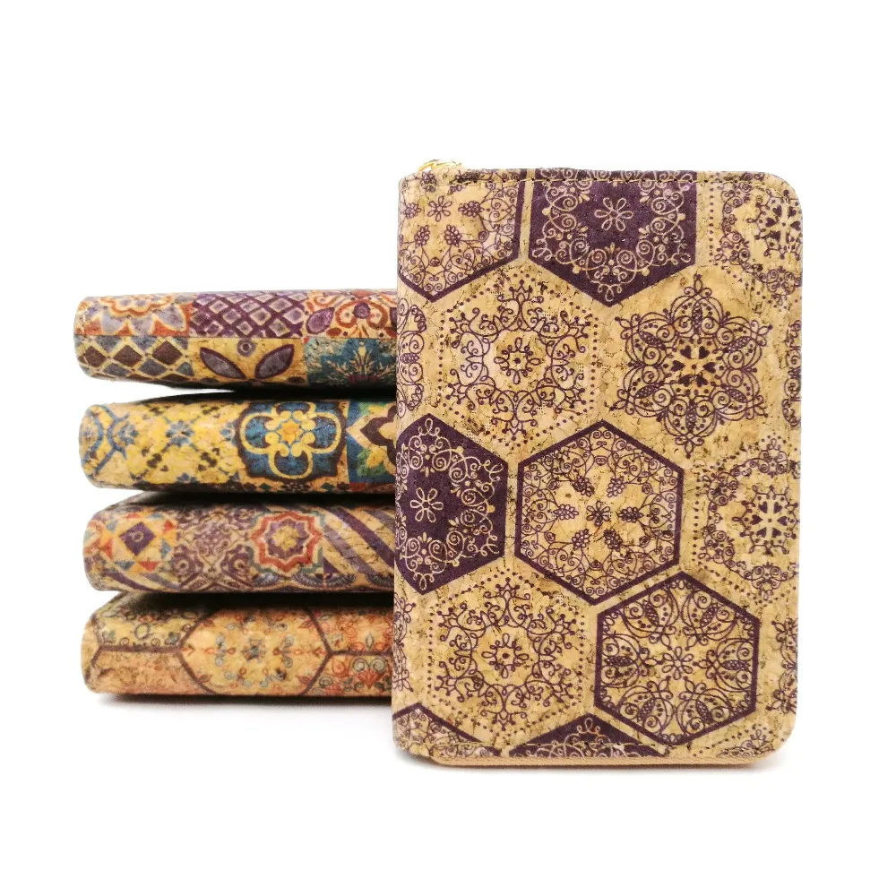 Portugal Tile Pattern Natural Cork Short Card Wallets for Women Vegan Leather Purse