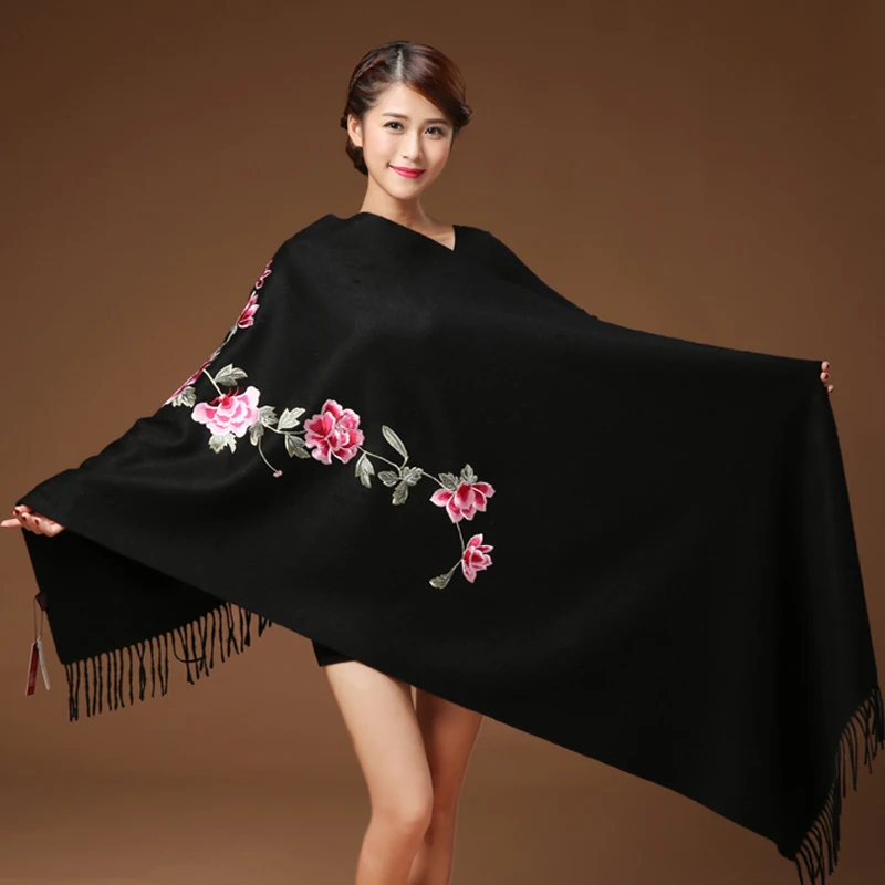 Sale!!!Women Cashmere Tassel Scarves Floral Flowers Embroidery Pashmina 200*70 cm Long Soft Wraps Warm Female Winter Shawls