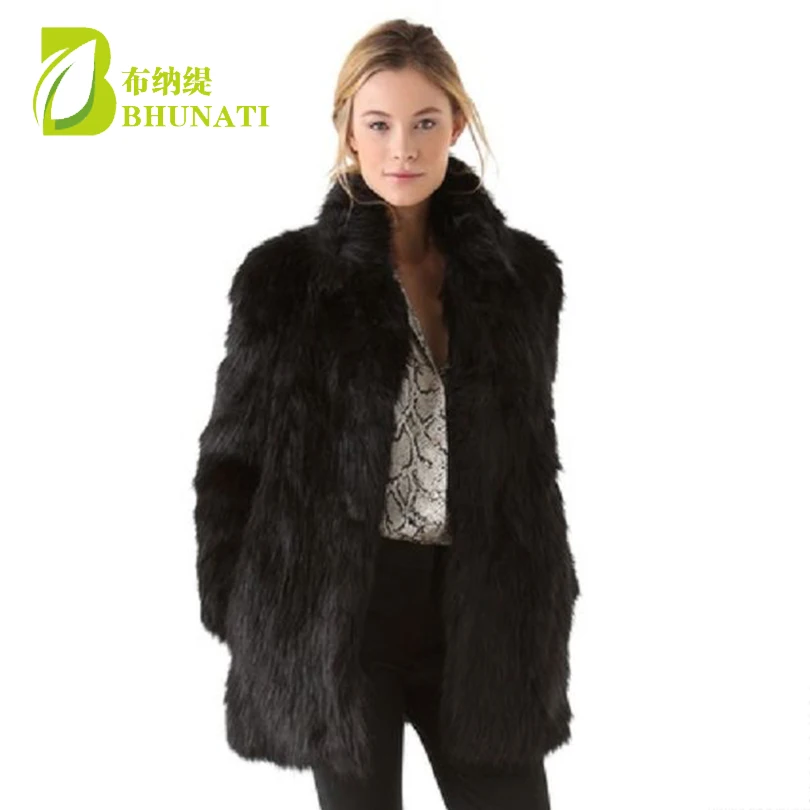 BHUNATI New Arrival Women Fur White Coat with Faux Fox Fur Collar Female Black Artificial Coat Fashion SlimOvercoat