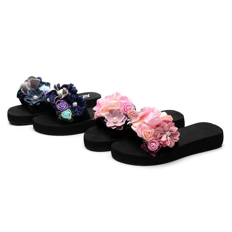 Summer Slippers women handwork flowers flat bottom slippers One word drag fashion Leisure womens shoes slippers female