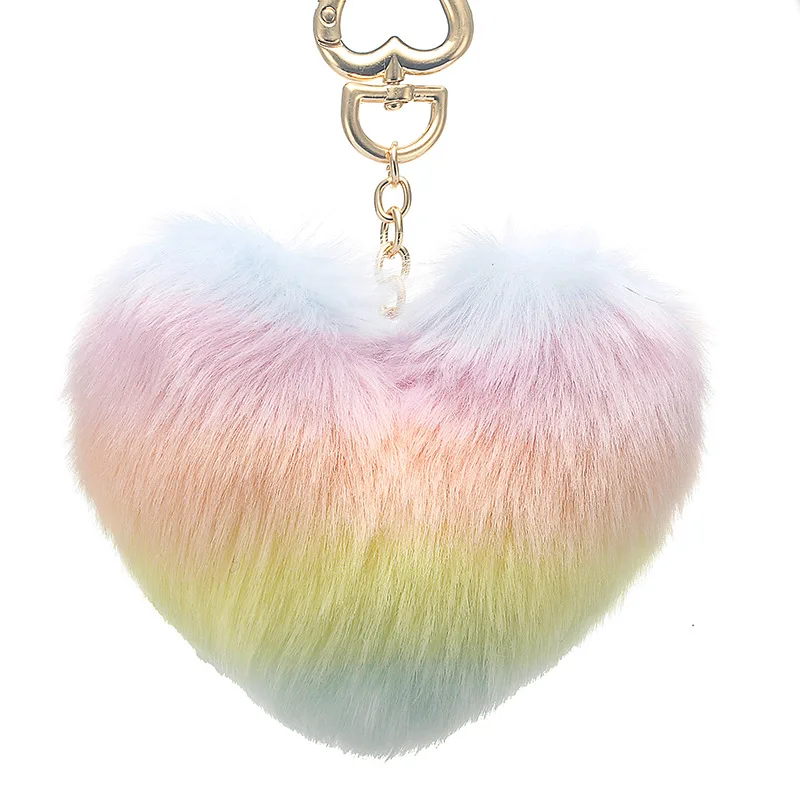 Imitation wool multicolor stitching love pendant color plush heart keychain rainbow heart-shaped bag car ornaments K2232