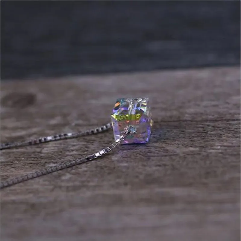 New 925 Sterling Silver Jewelry Fashion Genuine Light Candy Square Crystal Clavicle Chain Female Pendant Necklaces  XL104