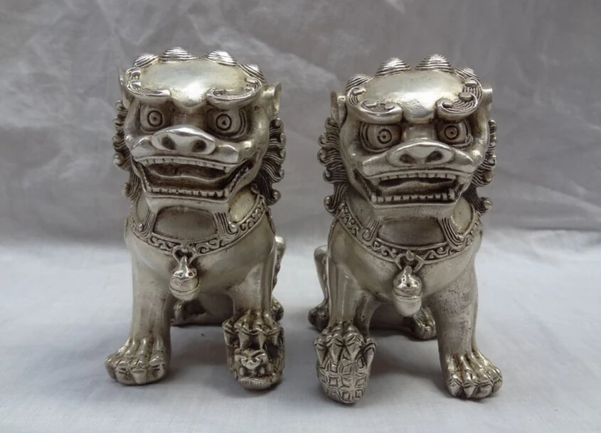 song voge gem S2555 Chinese Silver FengShui Foo Fu Dog Animals Bronze Door Lion Ball Statue Pair