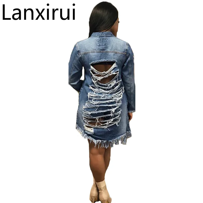 Women Blue Denim Ripped Detail Hole Coat Boyfriend Denim Jacket  New Fashion Women Clothes