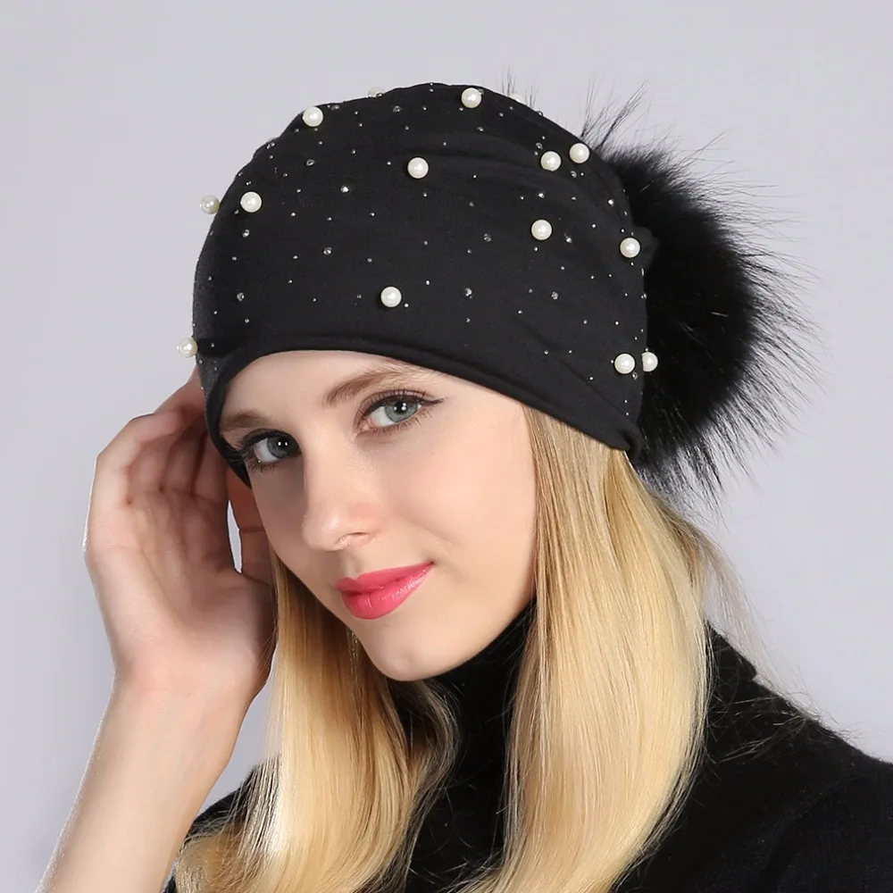 Geebro Brand Women\'s Pom Pom Pearl Beanie Hat Spring Casual Polyester Shine Rhinestones Beanies For Women Skull Hats Bonnet Cap