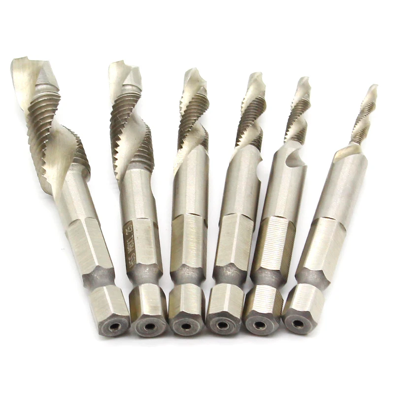 1/4\'\' Hex HSS High Speed Steel Thread Spiral Screw M3 M4 M5 M6 M8 M10 Metric Composite Tap Drill Bit Tap 6pcs/set