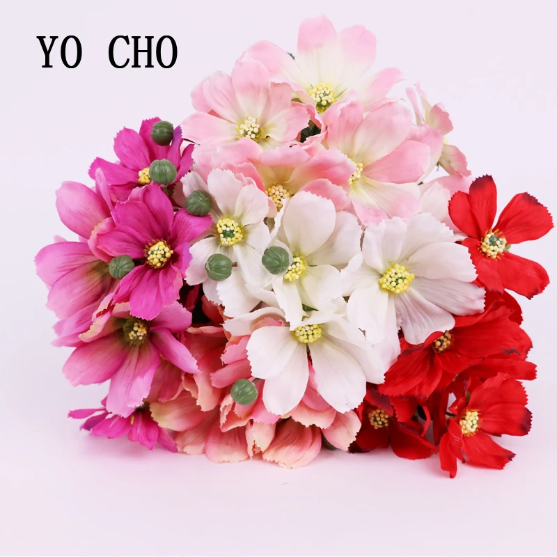 YO CHO 11 Heads Wedding Decoration Christmas Home Autumn Fake Daisy Artificial Cosmos Gerbera Bouquet Latex Real Touch Flowers