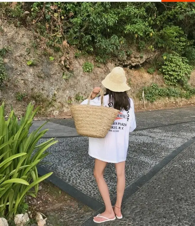 New Bohemian Beach Bag Women Handmade Straw Bags Summer Grass Handbags Drawstring Basket totes bag Travel Tote Large size