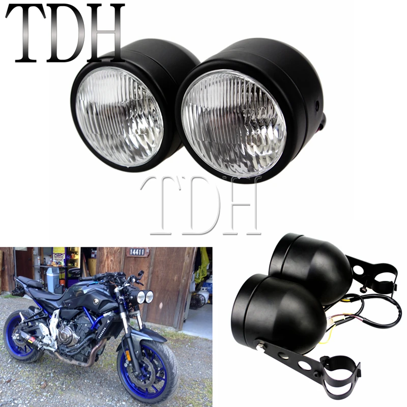 Black Motorcycle Dominator Dual Twin Headlight Front Lamp Custom W/ 25-38mm Bracket For Kawasaki KLX450 KLX250 Two Head Light