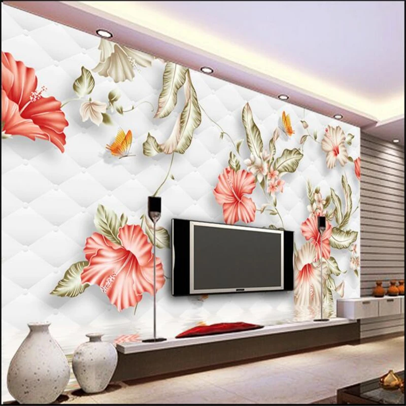 beibehang Custom Wallpaper Red Romantic Hibiscus Flower Butterfly Soft Bag Large Fresco Non-woven 3D TV Backdrop