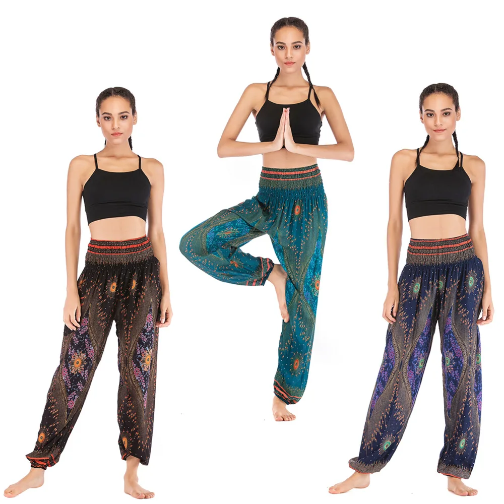 Damskie spodnie Harem czeski nadruk w stylu Vintage luźny krój Boho Hippie wysokiej talii Smocked talii spodnie plażowe spodnie ouc3301