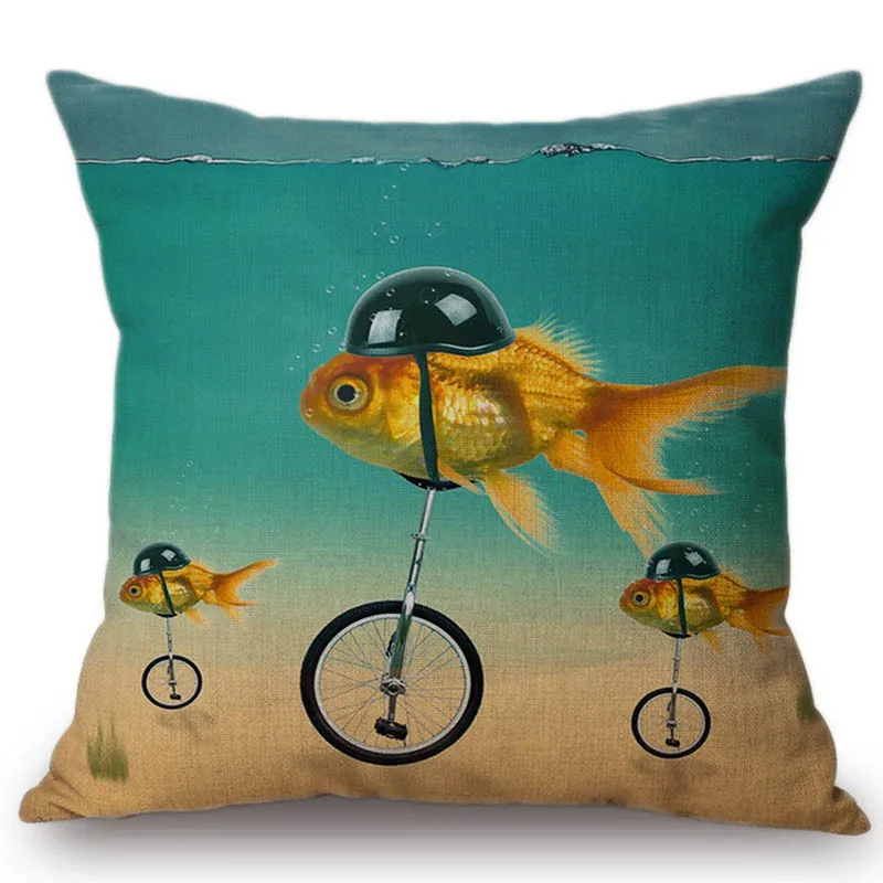 Comic Funny Gold Fish With Monocyle Ship Blue Sofa Decoration Pillows Cases Cotton Linen Outdoor Backyard Chair Cushion Cover