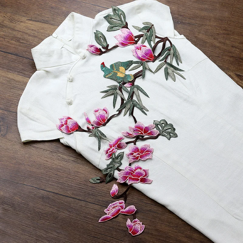 Large Size Magnolia Flower with Bird Embroidered Patch Sewing Applique Clothes Shoes Bags Decoration Patch Apparel DIY Patches