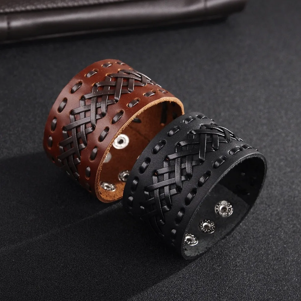 OBSEDE Fashion Wide Genuine Leather Bracelet for Men Brown Wide Cuff Bracelets & Bangle Wristband Vintage Punk Male Jewelry Gift image 3