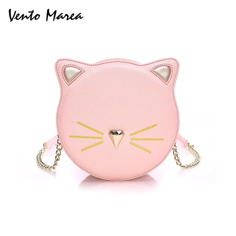 

Cat Crossbody Bag Circular Women Chain Handbags Cute Animal Diamonds Bag PU Leather Black&Pink Messenger Bags Japan&Korean Style