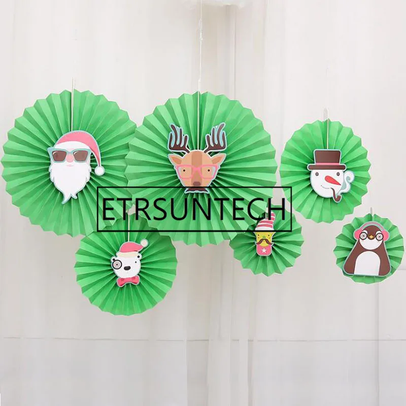 30sets Christmas Decoration Tissue Paper Fan New Year Hanging Decoration Santa Claus,Elk,Gingerbread Man Paper Flower