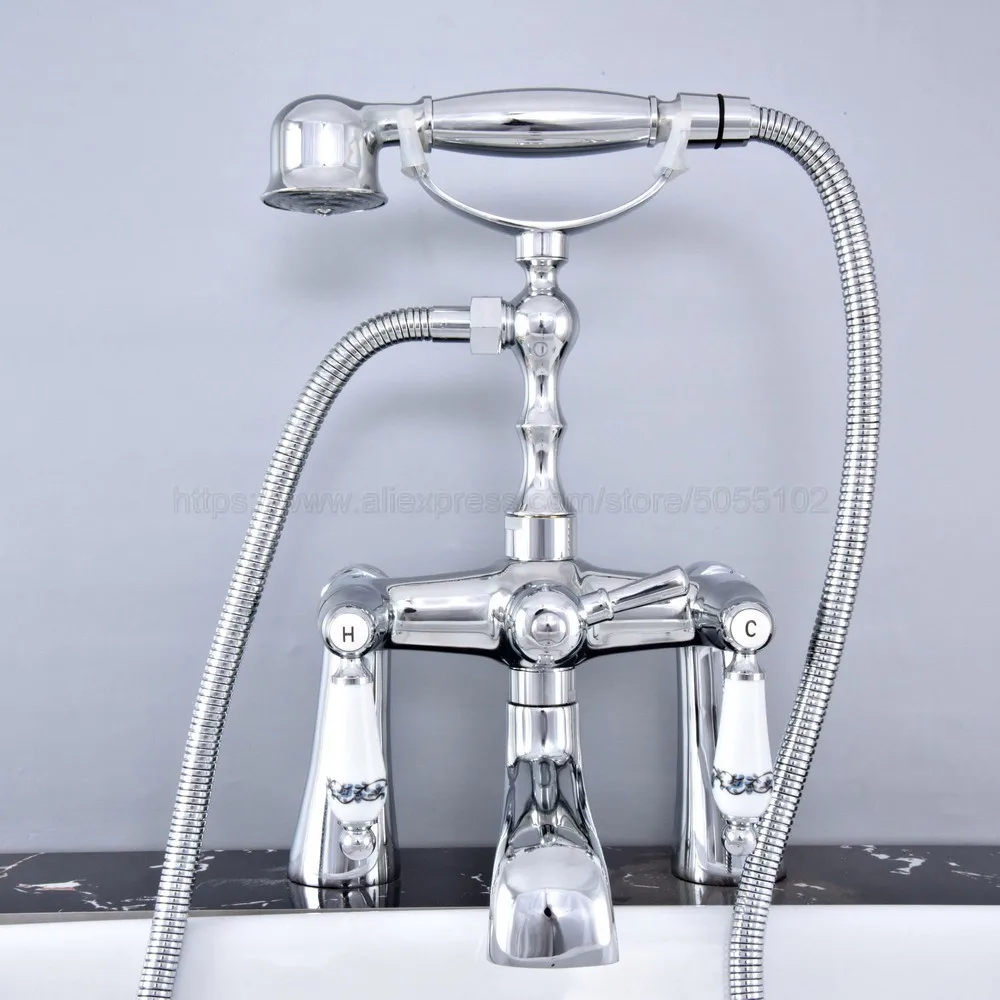 Bathroom Polished Chrome Deck Mount Bathtub Faucet with Ceramic Style Handles Shower Mixer Tap ztf766