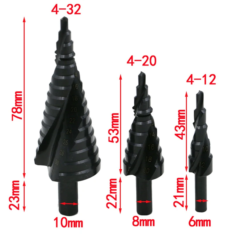 4-32MM 3PCS HSS cobalt step Drills with Nitrogen High Speed Steel Spiral for Metal Cone Drill Bit Set Triangle Shank Hole Cutter