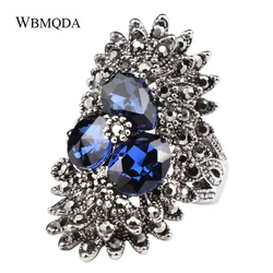 2 Colors Fashion Black Crystal Leaves Ring Silver Color Big Punk Rings For Women Bulgaria Jewelry