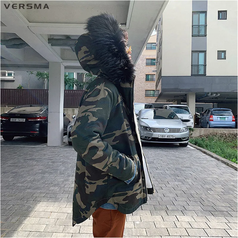 VERSMA Hip Hop Camouflage Winter Parka Jacket Coat Men Korean Oversized Fur Hooded Padded Thick Youth Parkas Women Dropshipping