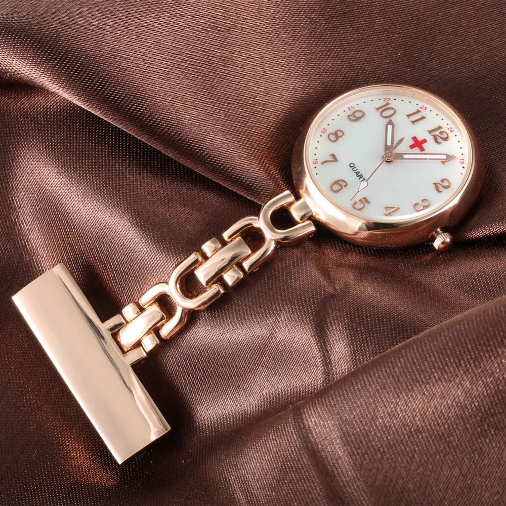 Elegant Round Dial Clip-on Fob Nurse Pocket Watch Quartz Rose Gold Brooch Hanging Doctor Women Luminous Pin Watch Kids relogio