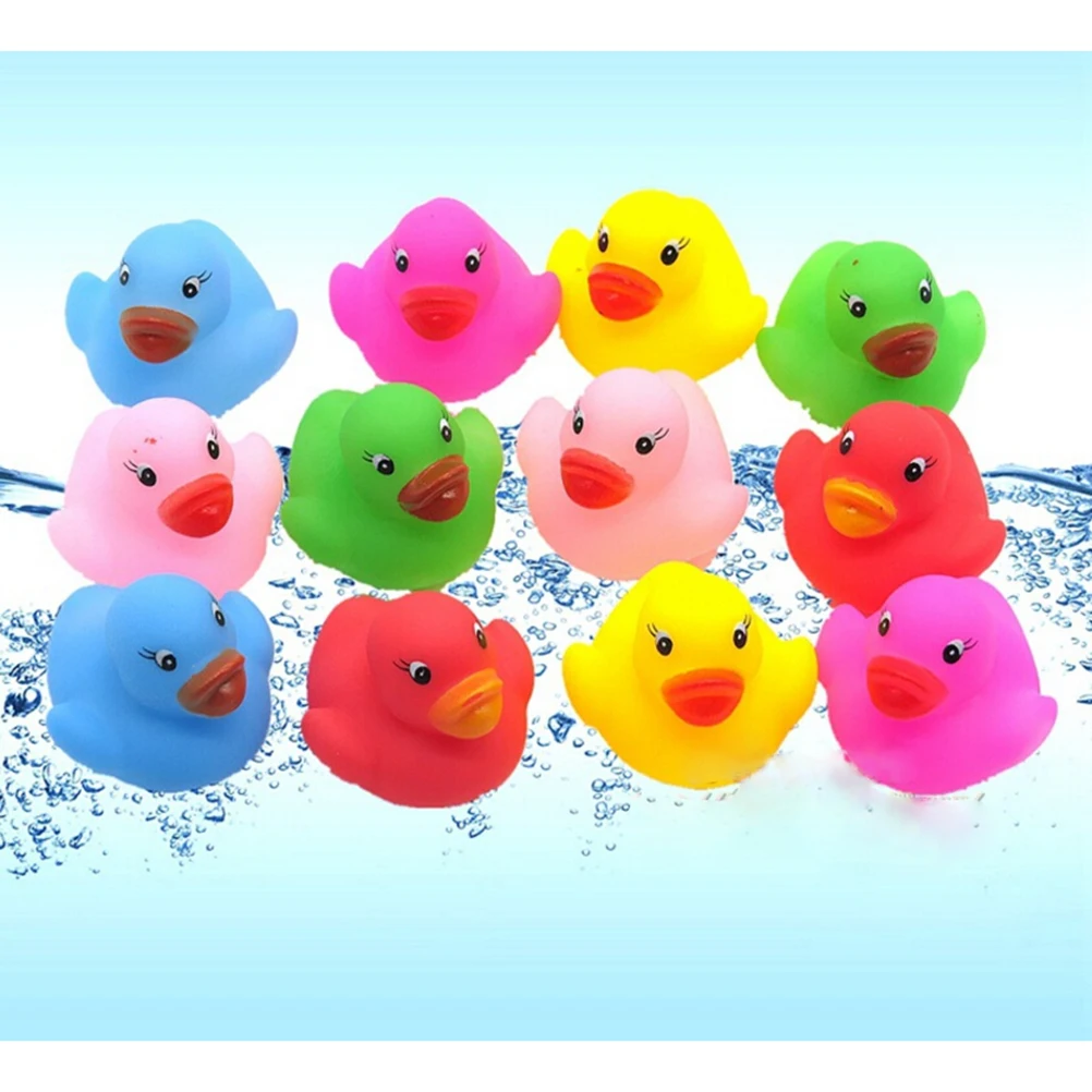 12pcs Cute Mini Colorful Rubber Float Squeaky Sound Duck Bath Toy Baby Bathroom Water Pool Funny Toys for Girls Boys Gifts