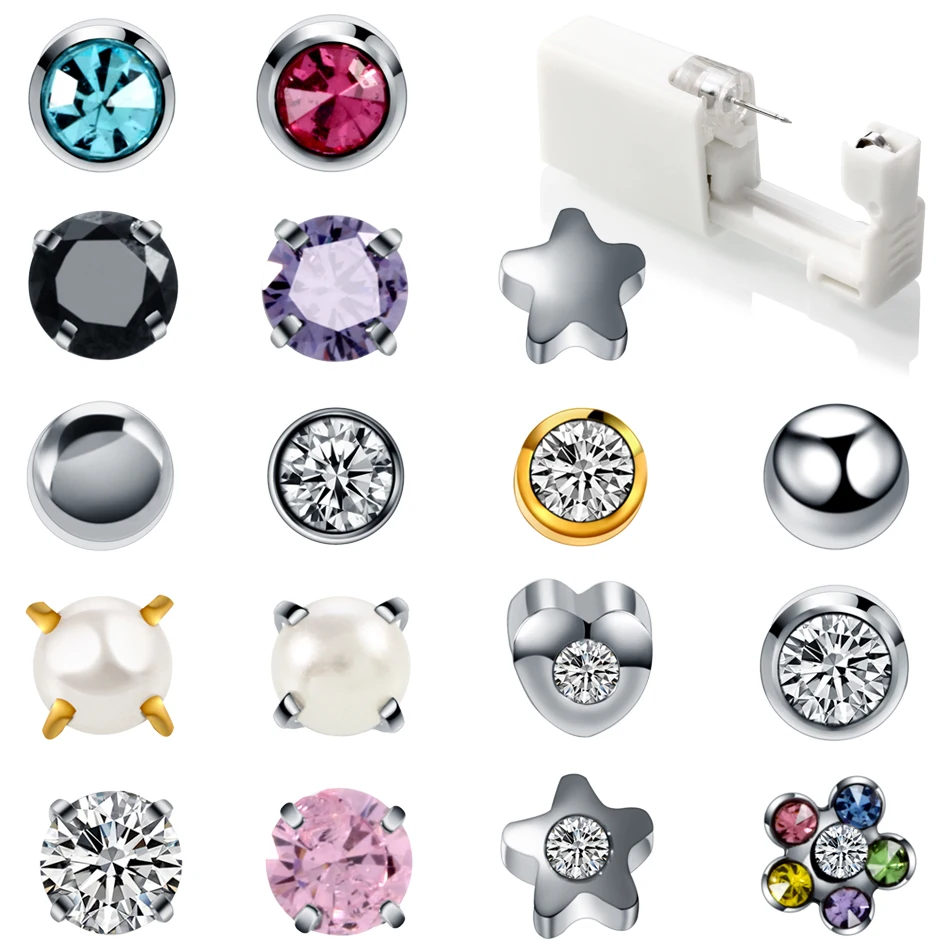 일회용 무균 귀 피어싱 유닛, 연골 Tragus 헬릭스 피어싱 건 도구 키트, 스틸 스터드 귀걸이, 스타 볼 빌드, 1 개