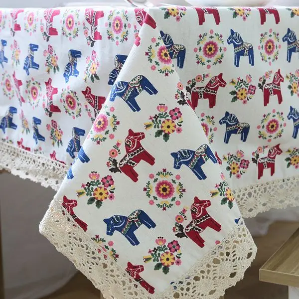 Linen Table Cloth with Lace Horse Print Country Style Rectangular Dinning Tablecloths Cover Kitchen Toalha de Mesa ZB-10