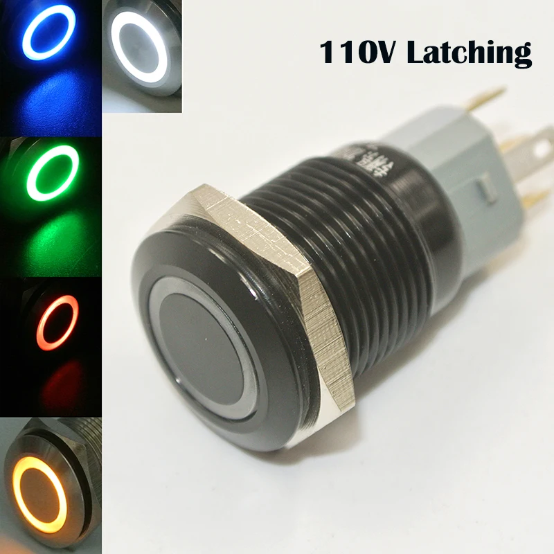 110V Latching Push Button Switch 1NO1NC SPDT ON/OFF Black Metal Shell with LED Ring Suitable for 16mm 5/8