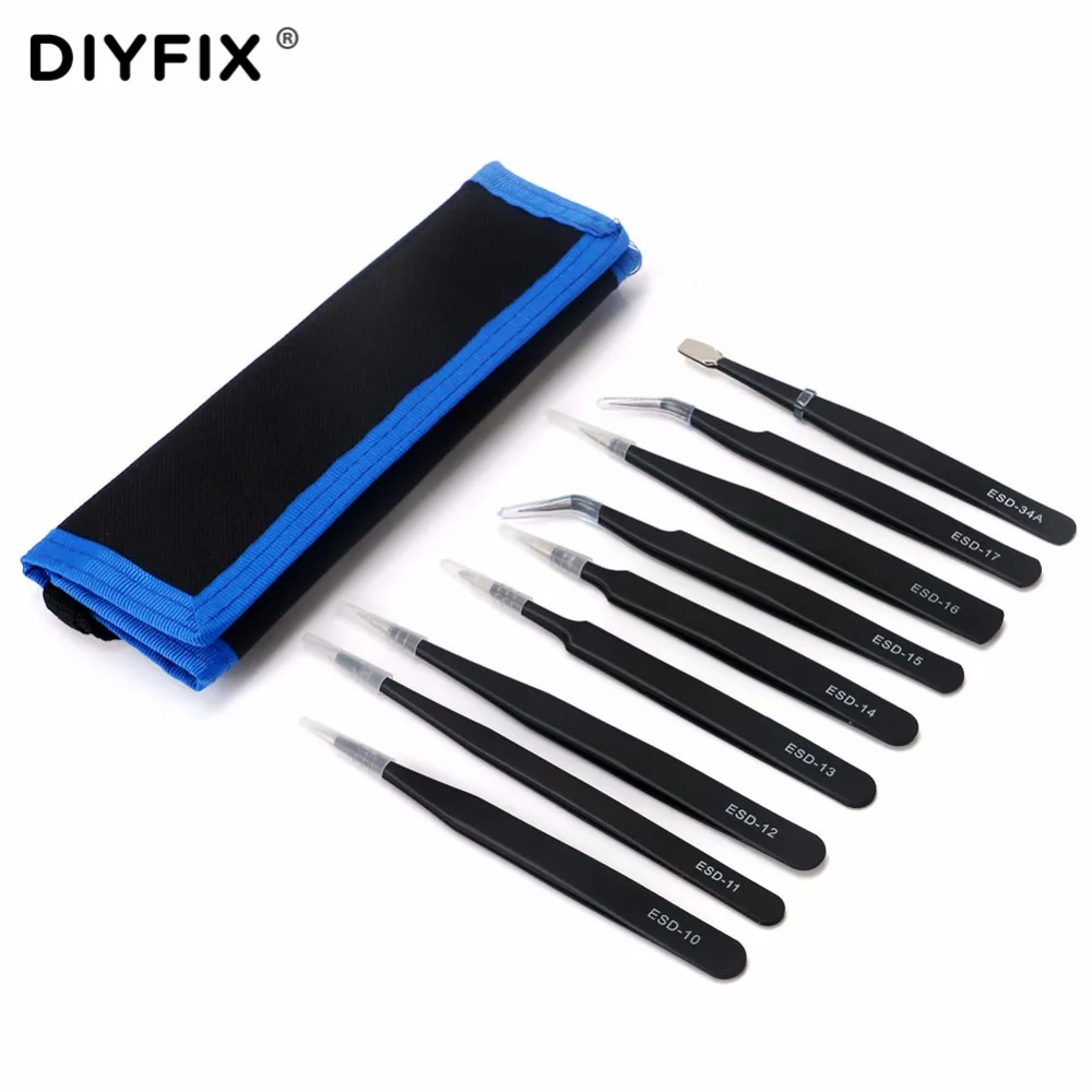 DIYFIX 9Pcs ESD Stainless Steel Tweezers Set Precision Repair Tools Kit Anti Static for Electronics Phone Repairing BGA Work