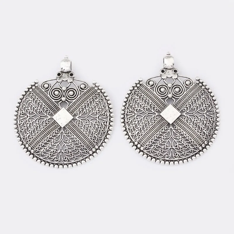 2Pcs Antique Silver Color Large Bohemian Boho Filigree Embossed Charms Pendants for Necklace Jewelry Making Findings