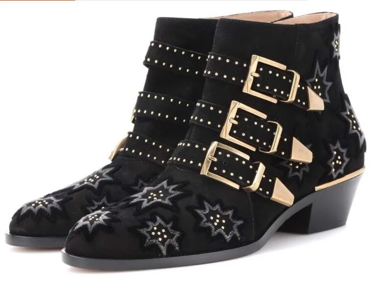 

Drop Shipping Fashion Women Black Buckle Zip Side Round Toe Star Low Heels Comfortable Rivets Plus Size Short Ankle Boots Lady