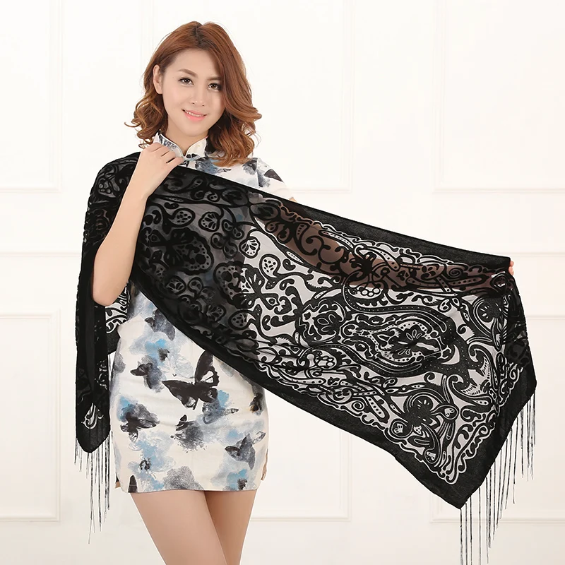 Bland New Black Vase Printed Silk Velvet Scarf Women Fashion Muslim Gift Wedding Shawl Tassel Burnout Pashmina Winter