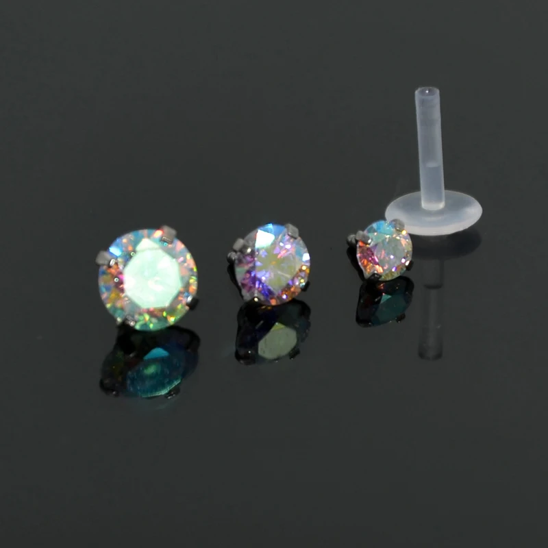 Showlove-1PCS Aurora Multicolor Gem Bioplast Labret Flexible Monroe Labret Lip Bar Ring Earring Push Fit Top 16g