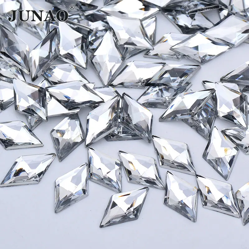 JUNAO 100pcs 11*18mm Rhombus Clear White Rhinestones Gems Flat Back Crystal Applique Non Sewing Acrylic Strass Stone For Clothes