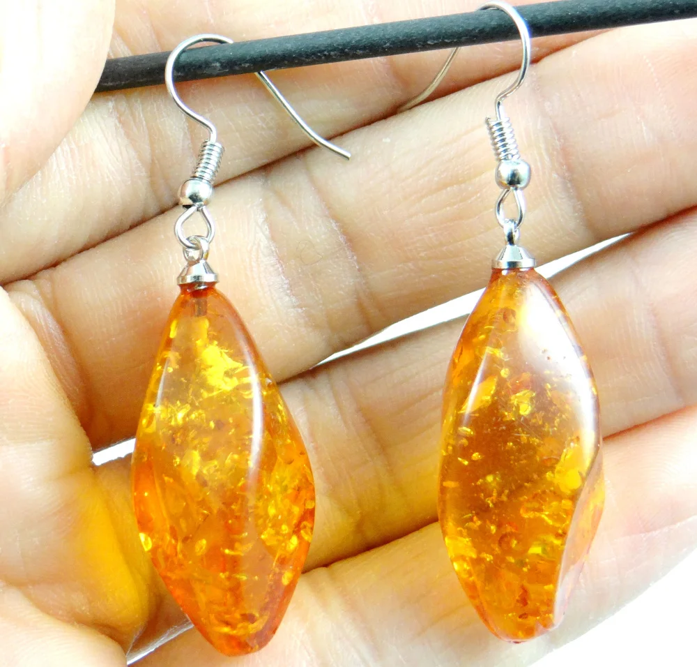 wholesale Natural Precious Modernist Flower pattern TEARDROP GOLDEN HONEY PRESSED AMBERS Jewelry making earring Q26