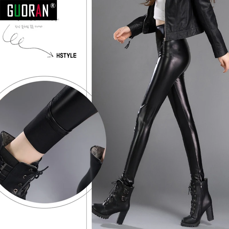 New Winter Warm Pants & Capris Women PU Leather Thick Velvet Stretch Slim Pencil Pants Elasitc Trousers clothes 4XL